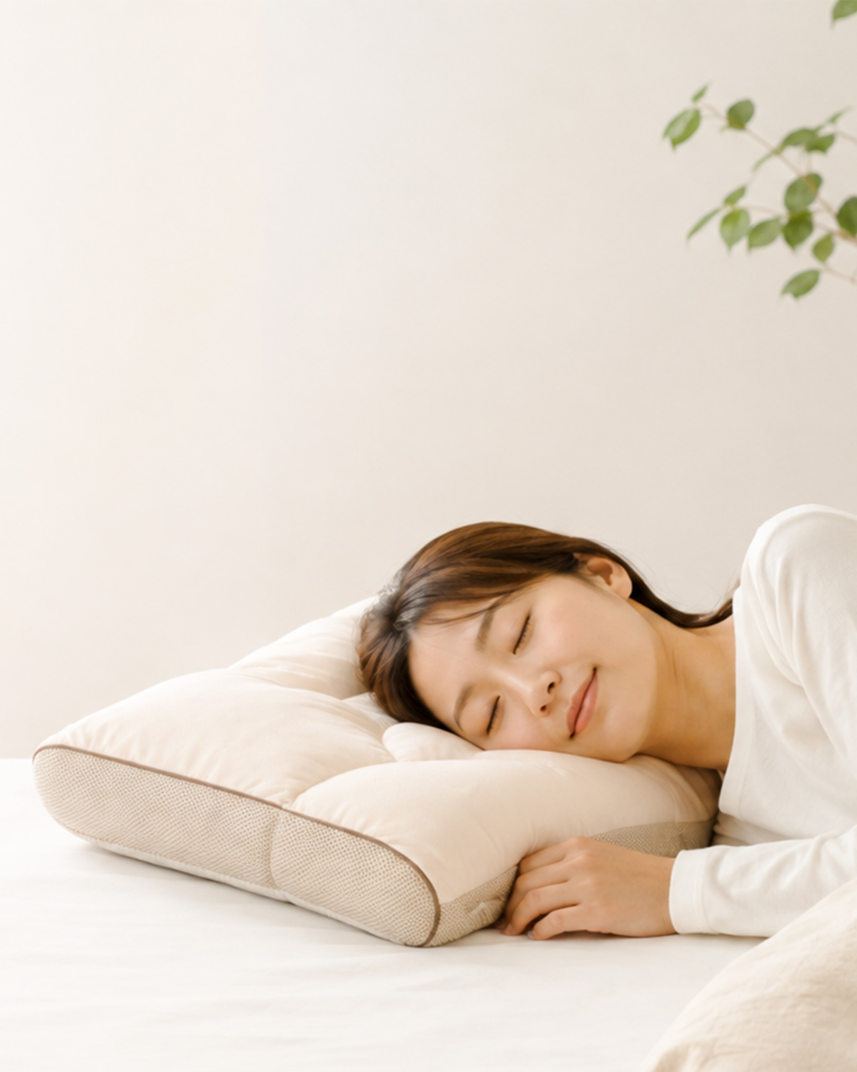 西川 横寝上手枕で横向きに眠る女性